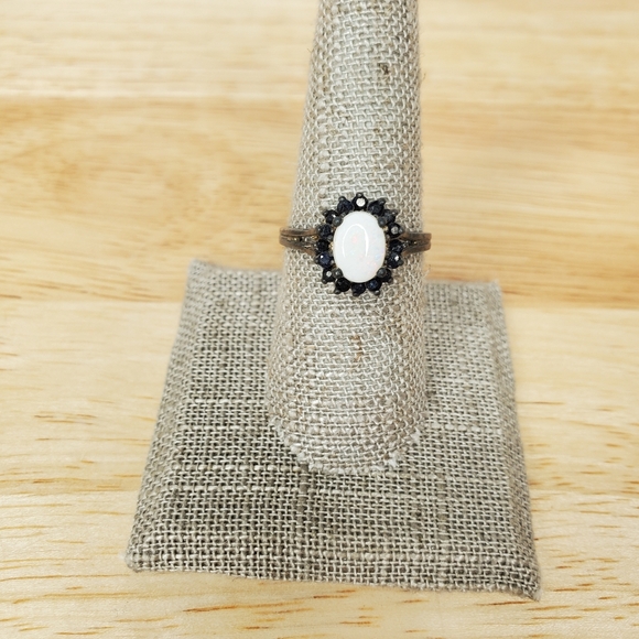 Simulated Oval Opal Black Spinel Ring Sterling Silver Size 8 Cocktail Statement